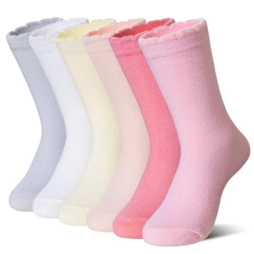 AMENLAN Girls Ruffle Crew Socks Little Kids School Uniform Cute Cotton Frilly Dress Socks 6 Pairs (Mix Color A, 3-5 Years)
