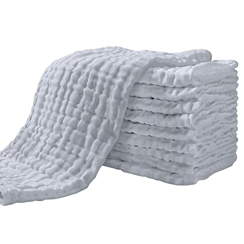 Yoofoss Muslin Burp Cloths for Baby 10 Pack 100% Cotton Baby Washcloths for Boys Girls Large 20''X10'' Super Soft and Absorbent Blue-Grey