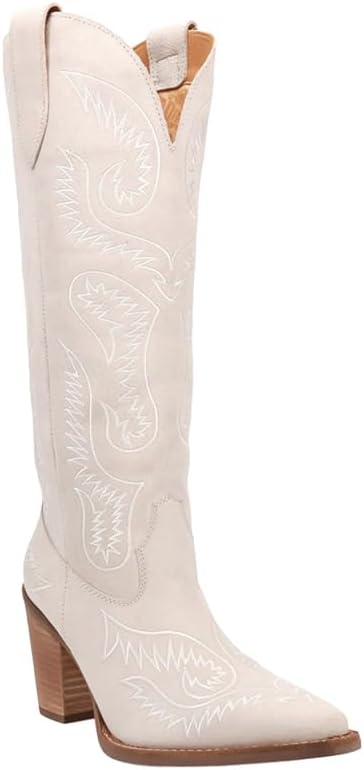 Dingo Womens Evita Embroidered Snip Toe Casual Boots Over the Knee Mid Heel 2-3" - Off White