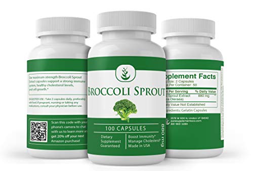 Broccoli Sprout Extract (100 Capsules, 880 mg Serving) by Pure, Supports Healthy Cholesterol Levels & Immune System* (Packaging May Vary)