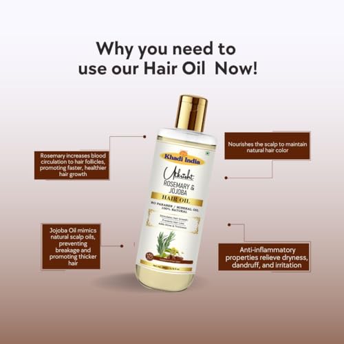 Image of Khadi Rosemary & Jojoba Hair Oil 200ml | Oil For Hair Growth, Dry & Frizzy Hair | Non Sticky, Paraben & Mineral Oil Free | Suitable for All Hair Types | Daily Use for Men & Women