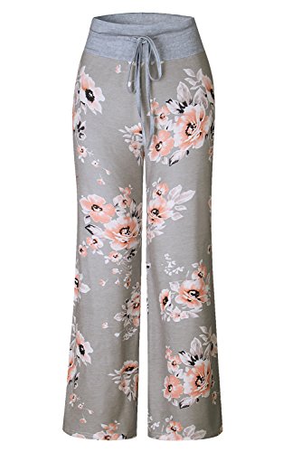 Image of AMiERY Women's Comfy Casual Pajama Pants Floral Print Drawstring Palazzo Lounge Pants Wide Leg