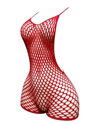 OYOANGLE Womens Fishnet Dress Bodysuit Hollow Out Lingerie Chemise Nightwear Red One-Size
