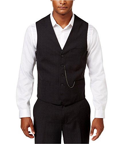 I-N-C Mens Jace Slim Plaid Five Button Vest, Black, Large (Regular)