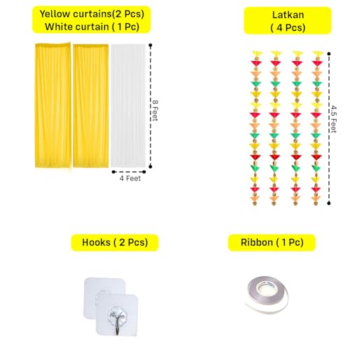 Image of Party Propz White Yellow Ganpati Decoration Setup for Home -10Pcs Ganpati Decoration Backdrop with Triangle Hanging, Varalakshmi Pooja Items, Janmashtami, Haldi Decor, Background Decorations Items