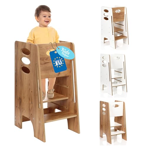 Kitchen Kids Helper Lernturm ab 1 Jahr - Höhenverstellbarer Lernturm Montessori Eiche 80cm - Sicherer Learning Tower für Kinder - Ideal für Küche & Bad - Stabile Konstruktion - Leichter Aufbau