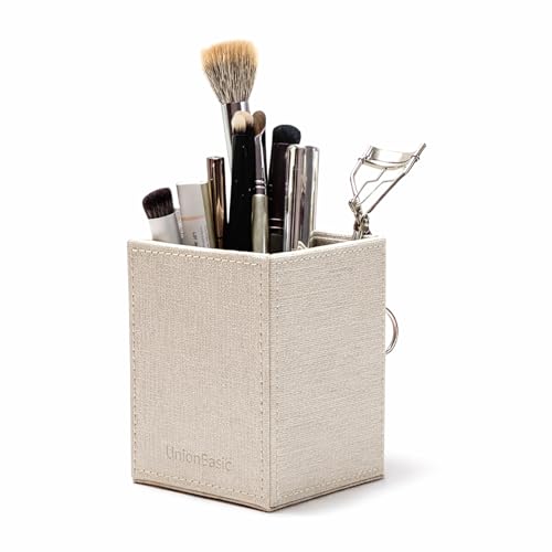 UnionBasic Square Pen Holder, Leather Pencil Cup, Desktop Caddy Stationery Organizer, Beige