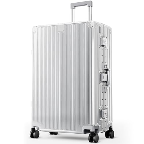 ALPHA CAMP Checked 28 Inch Luggage Thickened Aluminum Frame Luggage with TSA Spinner Wheels 3-Layer PC Hard Shell Zipperless Travel Suitcase TypeC USB Charging Port Cup Holder Silver