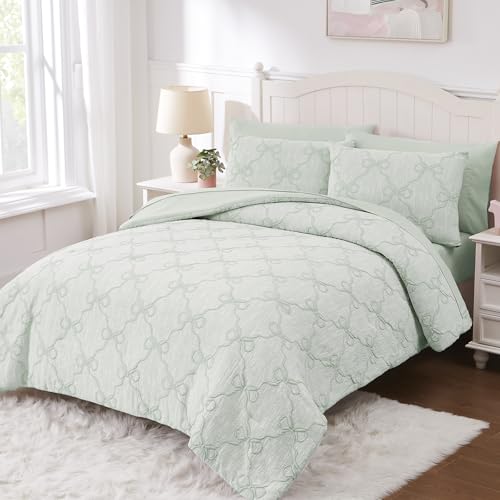 Image of Queen Comforter Set with Sheets for Girls-7 Pieces Bow Bed in A Bag | Soft Jacquard Queen Size Bedding Sets with Light Green Comforter, Pillowcases & Shams, 90 inch X 90 inch