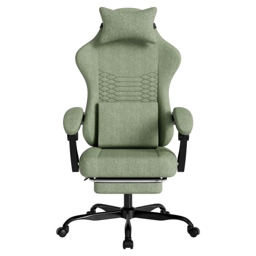 Gaming Stuhl Bürostuhl Stoff mit Fußstütze, 135° verstellbare Rückenlehne, Lordosenstütze & gepolsterte Armlehnen, ergonomischer Schreibtischstuhl für Home Office & Spielen(Grün)