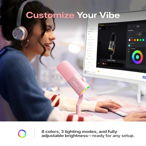 Image of MAONO PD100W Wireless USB Dynamic Microphone, Gaming PC Mic with One-Click Noise Reduction,Mute Button,Custom RGB,3.5mm Headphone Jack,Software,Podcast Streaming Mic (Boom Arm(USB-C Receiver), Pink)