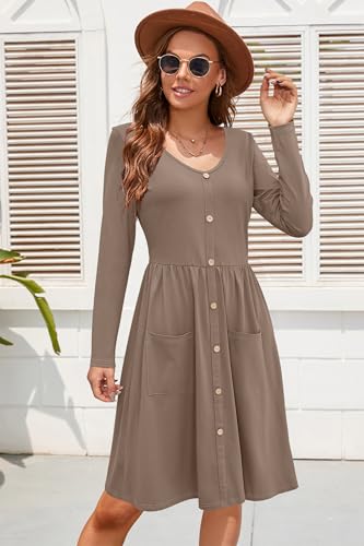Image of OUGES Women's V Neck Button Down Skater Midi Dress with Pockets