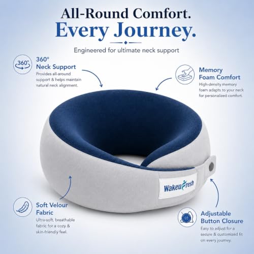 Image of 360 Memory Foam Travel Neck Pillow - U Shaped Ergonomic Head & Neck Support Cushion with Chin Support, Adjustable Snap Closure, Breathable Mesh Fabric (Blue & Grey)
