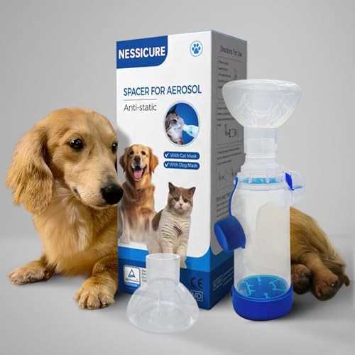 Distanziatore per inalatore per cani o gatti con 2 misure di mascherine, camera di aerosol con indicatore di flusso respiratorio, compatibile con qualsiasi MDI