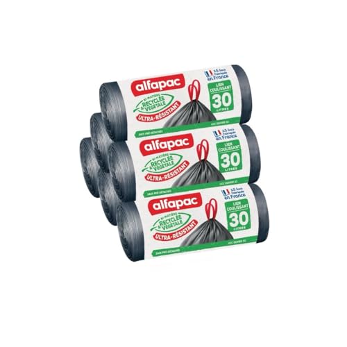 alfapac - carton de 90 sacs 30L à lien coulissant ultra-résistant - 6 rouleaux - fabriqués en france - bi-matière recyclée & végétale