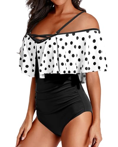 Holipick Women Off Shoulder One Piece Swimsuits Tummy Control Bathing Suits Vintage Ruffle Swimwear3