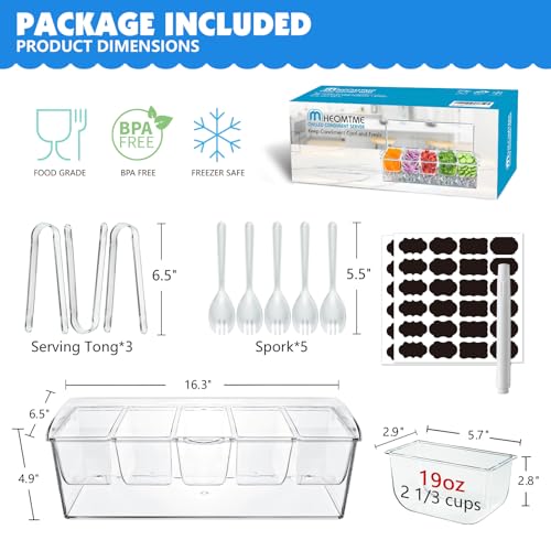 MHEOMTME Chilled Condiment Server Tray, Bar Fruit Caddy with Lid and 5 Removable Compartments, Clear Ice Condiment Serving Tray for Party, Toppings Bar Container, Garnish