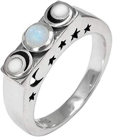 Sterling Silver Moonstone Triple Moon Ring with Cut out Stars and Moon (Sizes 4-15)