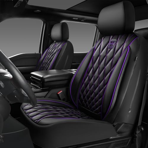 Image of CAR PASS Piping Luxury Faux Leather Two Front Car Seat Covers, Waterproof Anti Slip Premium Automotive Seat Covers,Universal Fit for Suvs,Vans,Trucks, Armrest Airbag Compatible (Black and Purple)