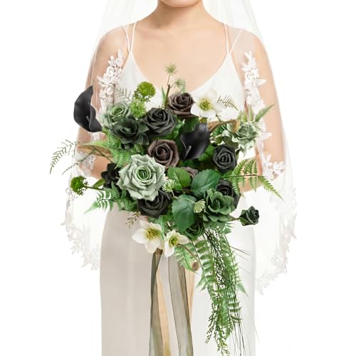 Ling's moment Forest Green Bridal Bouquet Cascading, Emerald Green Wedding Bouquets for Bride, 13 Inch Bride Bouquets for Wedding Artificial Flowers Bouquets