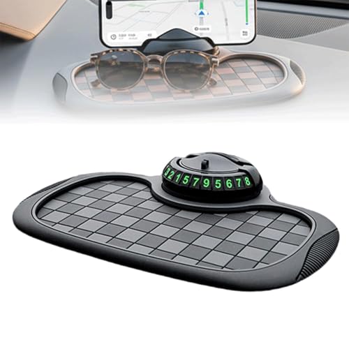 2026 New Multifunction Dashboard Anti Slip Pad, 360°Rotatable Car Anti-Slip Phone Holder Dashboard Pad with Parking Number Plate Mat for Phone Sunglasses Keys (Gray)