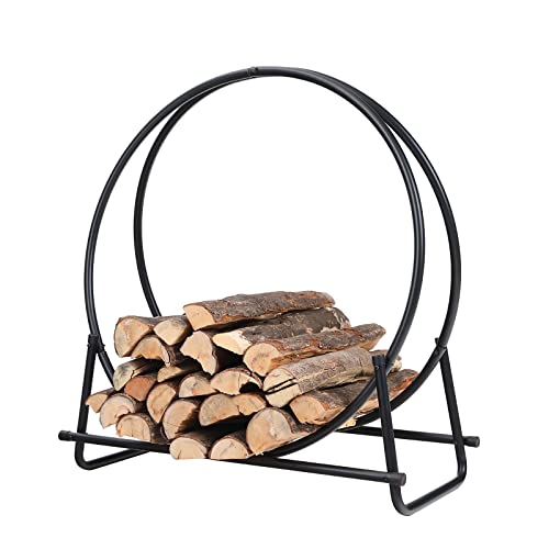 PHI VILLA 30 Inch Log Hoop Firewood Rack Curved Fireplace Wood Storage Holder Wood Stove Accessories,Indoor/Outdoor Heavy Duty Iron Black