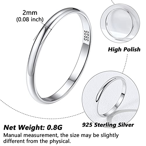 Image of Silvora 925 Sterling Silver Band Rings for Women Men, High Polish Plain Dome Tarnish Resistant Wedding Rings Size 4-12