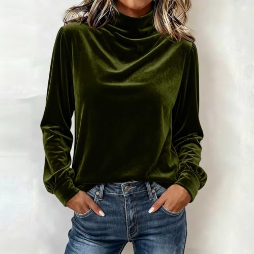Velvet Tops for Women Long Sleeve High Neck Draped Casual Shirt Dressy Fall - image 2