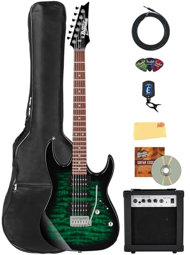 Ibanez GRX70QA RG Gio Electric Guitar - Transparent Emerald Burst Bundle with Amplifer, Gig Bag, Tuner, Instrument Cable, Picks, Austin Bazaar Instructional DVD, and Polishing Cloth