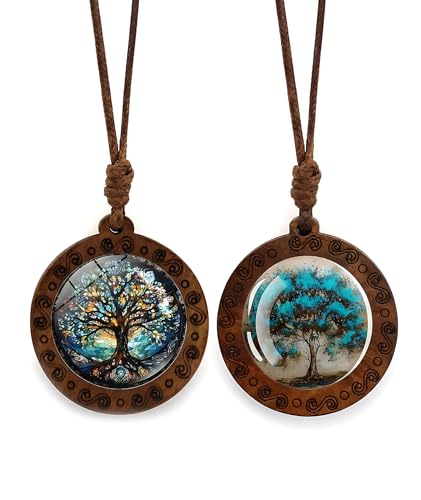 Image of 2 PCS Tree of Life Necklace, Elegant Wooden Pendant Design, Spiritual Symbol Jewelry for Men, Unique Necklaces, Adjustable Cord Length for Comfortable Wear, Natural Finish with Detailed Carving