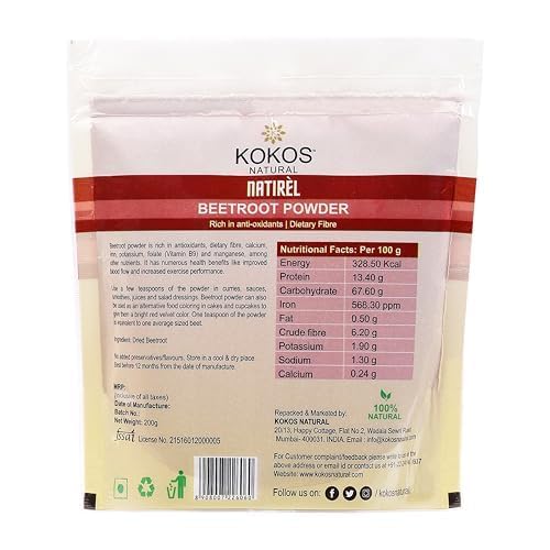 Image of Kokos Natural Beetroot Powder - 200 Gm (Pack of 2) | Natural, Rich in Antioxidants, Improves Blood Flow & Exercise Performance | Use in Soups, Curries, Dips, Smoothies, Pancakes | Natural Food Colour