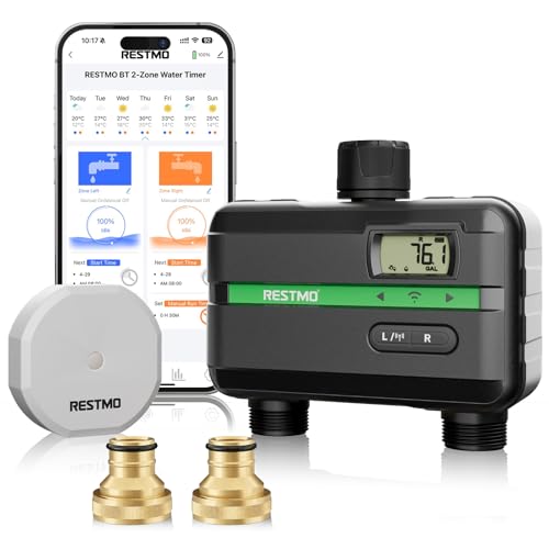 RESTMO Smart Sprinkler Timer with Flow Meter, 2 Zone Water Timer for Garden Hose, Brass Nipple, Automatic Lawn & Yard Irrigation Watering System, APP Remote Control (RF Hub + WiFi Connection)