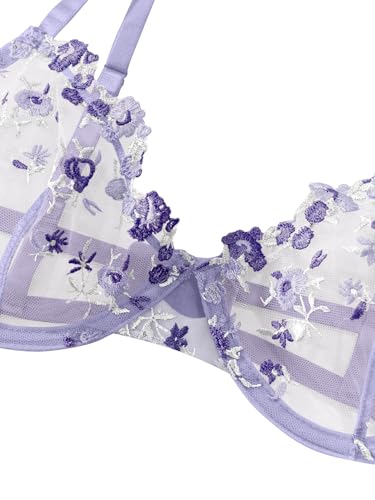 Image of Lilosy Sexy Floral Embroidered Mesh Sheer Underwire Lingerie Set