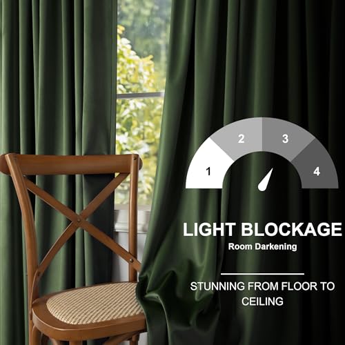 Image of Olive Green Velvet Back Tab Curtains 90 Inches Long 2 Panel for Living Dining Room Rustic Neutral Cottagecore Elegant Heavy Drape Decorative Moss Green Curtain for Bedroom Movie Theater French Country