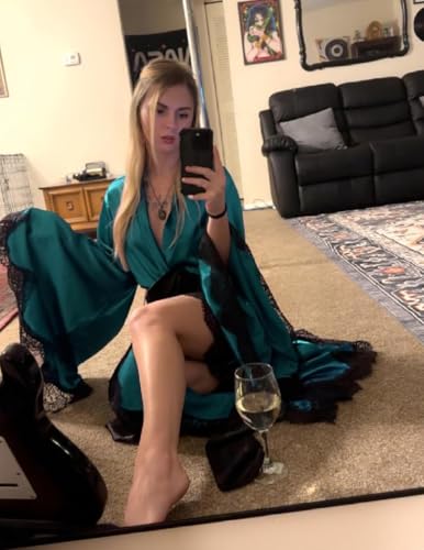 BATHGOWN Women's Satin Robe Black Silk Kimono Bride Robe for Wedding Day Lightweight Long Lace Loungewear Sleepwear4