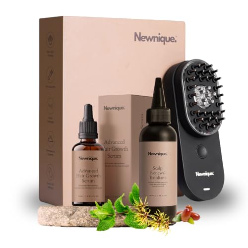 Newnique GrowPod™ Hair Growth Kit + Hair Growth Serum + Scalp Exfoliant – Red Light Therapy Comb – Stimulates Roots, Clears Build-Up & Promotes Fuller, Stronger Hair
