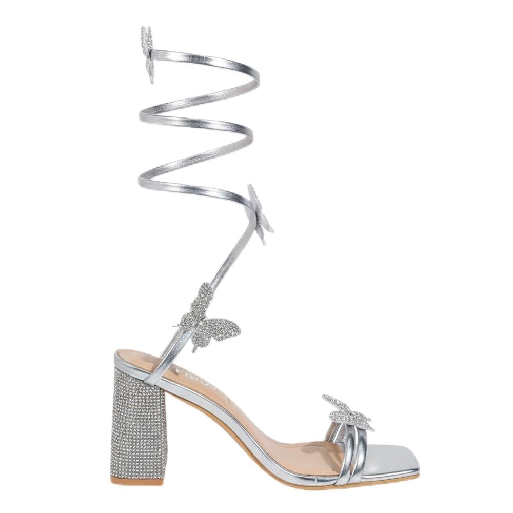 BELINDA PEREGRIN | Sandalias de 6 cms de Metalico Para Mujer Slip-on de Punta Cuadrada de Primavera | Cinta Espiral Con Mariposas Y Tacon Con Brillos Color Plata 24