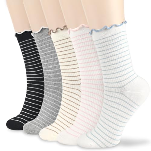 Women Striped Socks, Cute Ankle Calf Sock for Women Cotton Knit Size 5-9, Medium Casual Women’s Novelty Socks