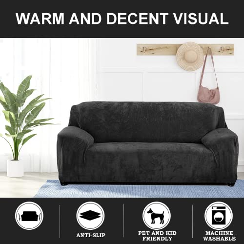 Teynewer Thick Velvet Sofa Covers 1 2 3 4 Seater High Stretch Non-Slip Couch Cover Elastic Furniture Protector Plush Sofa Slipcovers with 1 pillowcase for Living Room Dogs Cats Pet (4 Seater, Black) - Image 3