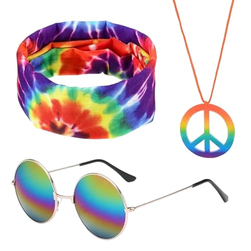 BOGCLEE 3 Piezas Disfraz Hippie Hombre Mujer, Conjunto Disfraz Hippie Años 60 y 70, Gafas Disfraces con Gafas Vintage Diadema Collar, para Disfraces De Fiesta De Los Años 60,70,80