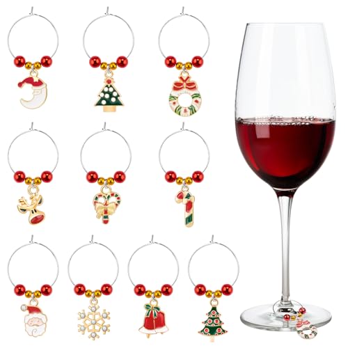MELLIEX 10 Piezas Colgantes para Copas de Vino de Navidad, Marcadores de Copa de Vino, Etiquetas de Botella de Cristal con Diseño de Hebilla para Vino, Cóctel, Champán, Fiesta, Regalos de Decoración