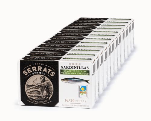 12 Einheiten - SERRATS - Kleine Sardinen in Bio-Olivenöl extra vergine (16-20 Sardinen/Dose) Cover
