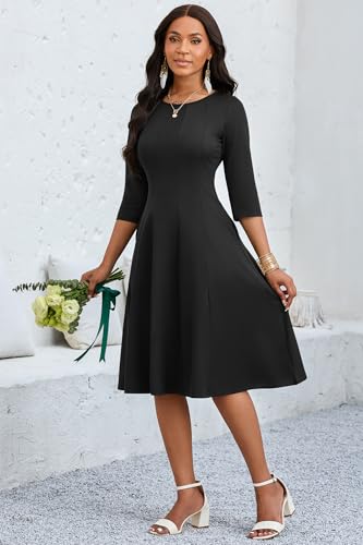 Image of CLOCOR Casual Midi Dresses for Women A-Line Fit and Flare Elegant Church 3 /4 Sleeve Crew Neck Dress with Pocket