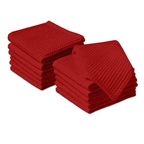Encasa XO Serviettes de Cuisine et Gants de Toilette en Coton | Rouge | Torchon Gaufré et à Tissage Plat | Ensemble de Torchons | 30x30 cm | Réutilisable et Séchage Rapide Lot de 12