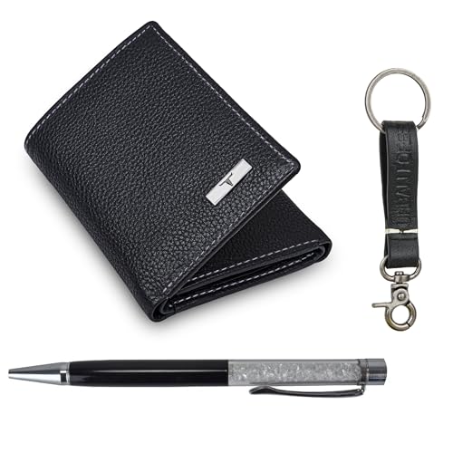 Image of URBAN FOREST Theo Black Leather Wallet, Diamond Pen & Keychain Combo Gift Set for Men