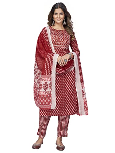 Image of Vbuyz Women's Printed & Hand Work Straight Cotton Blend Parrot Green Kurta,Pant with Dupatta | Kurta Set with Dupatta for Women | Suit Set | Ethnic Set | Printed Kurta Set | Salwar Set for Women