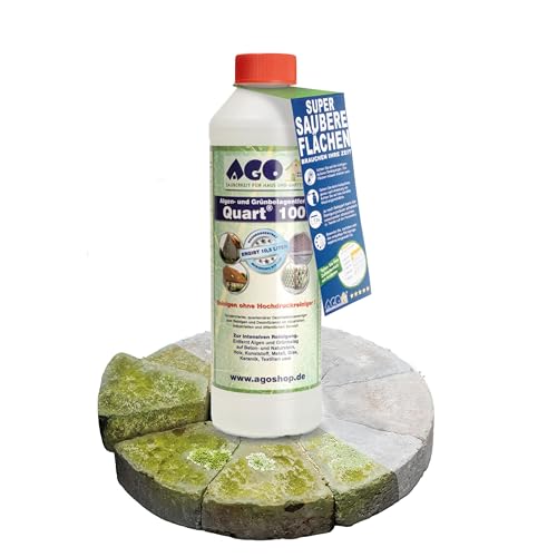 AGO Quart 100 Grünbelagentferner 500 ml - chlor- und säurefrei / 100 qm Algen und Grünbelag Entferner/Steinreiniger/Terrassenreiniger/Grünspan Entferner/Naturstein Reiniger
