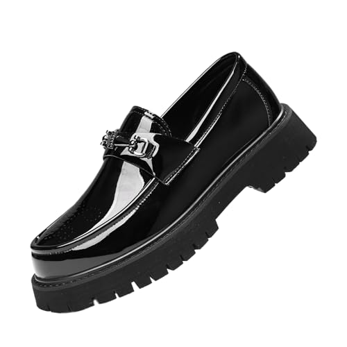 Image of XENTORD Men's Patent Leather Platform Loafers Comfort Non-Slip Lug Sole Slip-On Dress Shoes with Metal Horsebit Detail for Business Office & Casual