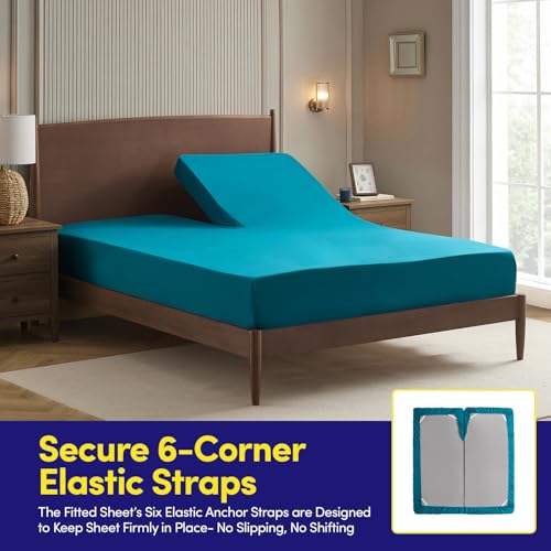 Image of Split Head King Sheets Set for Adjustable Beds 4 Piece Flex Top Bed Sheets - Deep Pocket Split Top Fitted Sheet with Built-in Corner Straps, Luxury Soft Cooling Bedding, Wrinkle Resistant, Teal