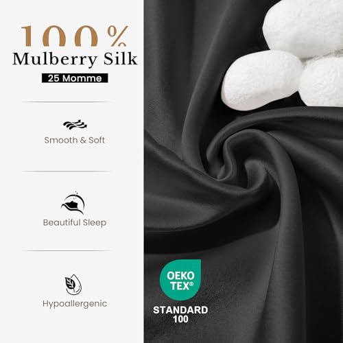 Image of THXSILK 25mm 100% Pure Mulberry 6A+ Silk Pillowcase for Hair & Skin with Zipper Closure, Gift Box, Cooling, Natural, Organic, Double Sided Silk Pillow Case (Black, Queen 20 inchx30 inch, 1pc)